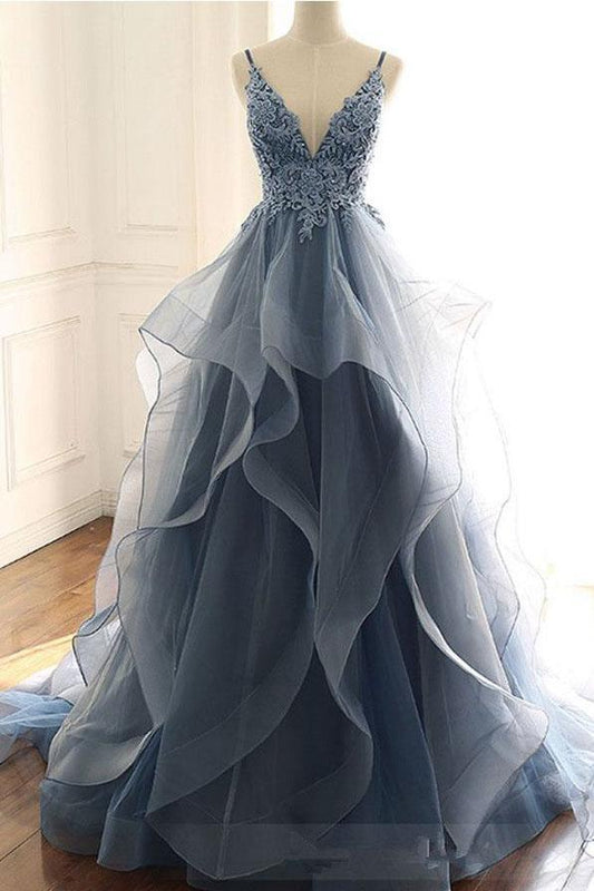 Dark Gray Tulle Prom Dress with Lace Appliques, Spaghetti Straps Sweep Train Party Dress M1057