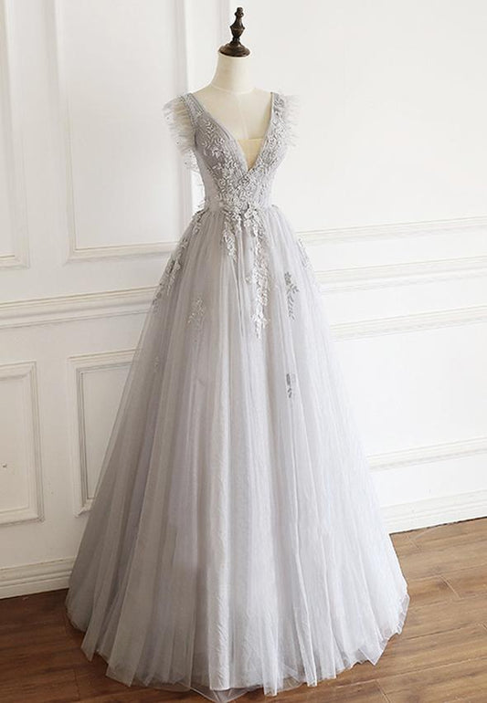 Gray v neck tulle lace prom gown evening dress M821