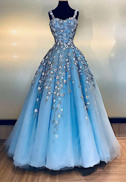 Blue tulle appliqué long prom dress evening dress M862