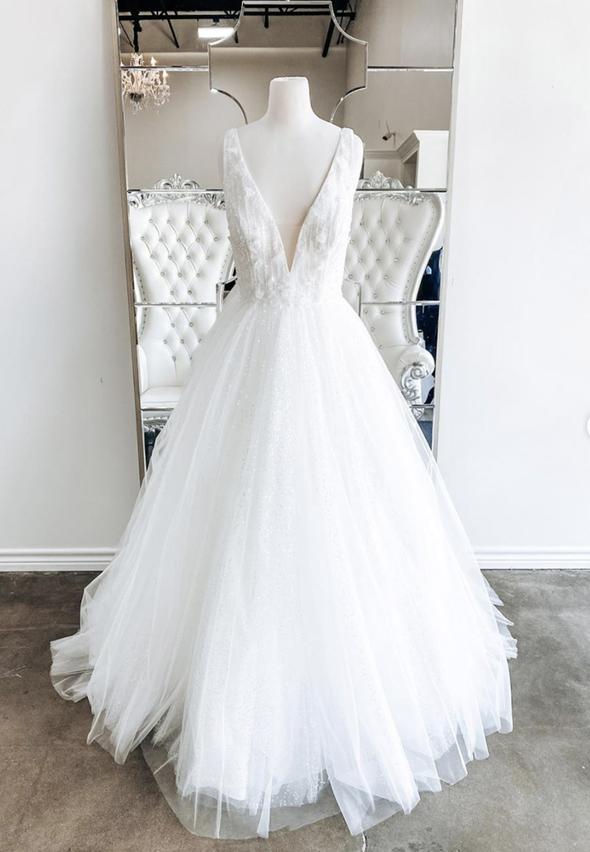 White v neck tulle sequins long ball gown dress  M681