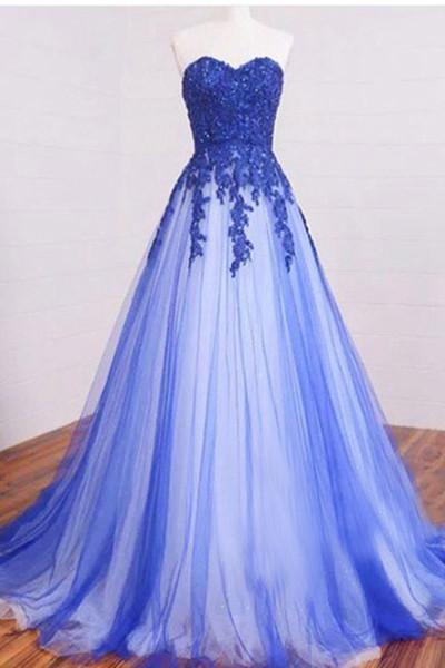 New Arrival Sweetheart Strapless Lace Appliqued Royal Blue Prom Dress,Simple Formal Dress M1277