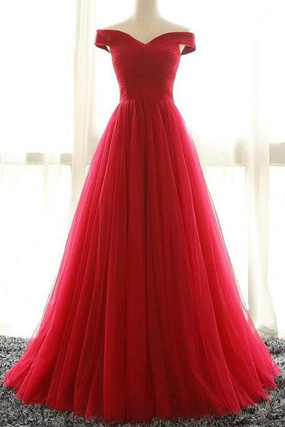 Red A line Tulle Off-shoulder Long Prom Dress,Red Evening Dress,Floor-length Prom Dress Long M1259