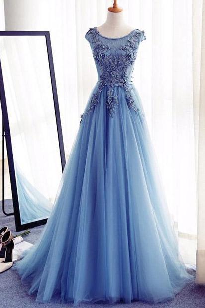 Appliques A-Line Sleeveless Ice Blue Tulle Prom Dresses Long,Evening Dresses M1042