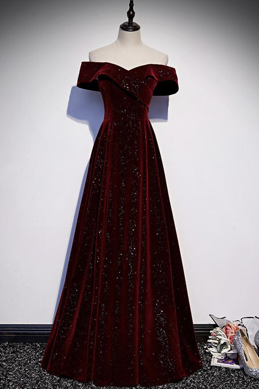Burgundy velvet long prom dress evening dress M484