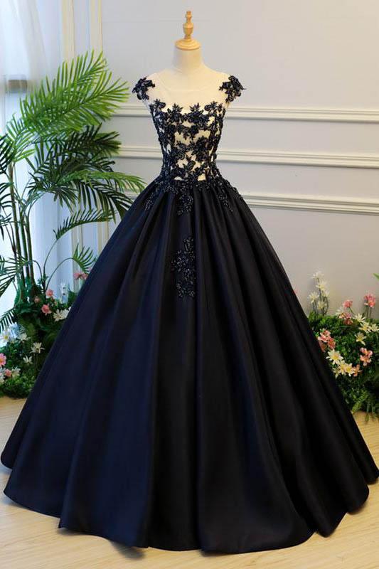 Generous Princess Cap Sleeves Scoop Black Applique Satin Long Prom/Evening Dress M1206