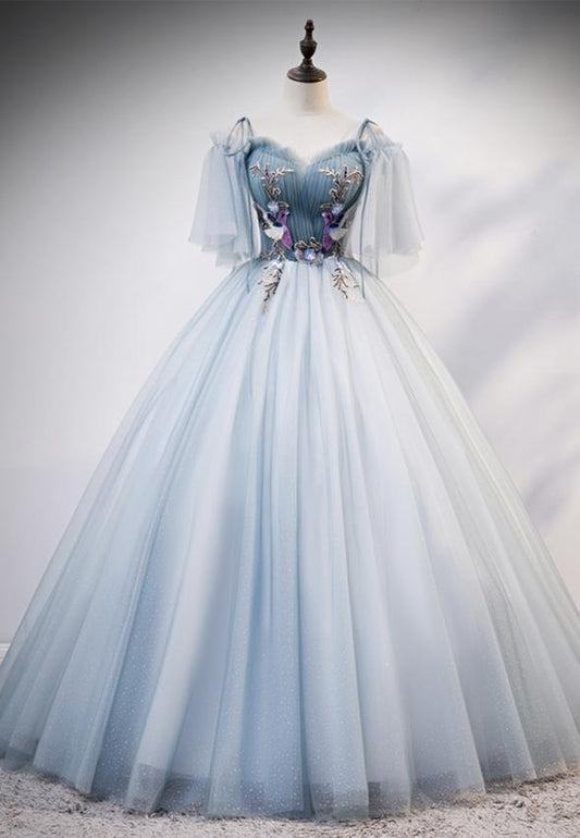 Blue tulle long ball gown dress A line evening dress M620