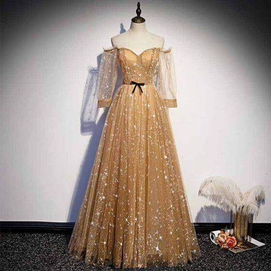 Princess Off the Shoulder Gold Star Prom Dress M986