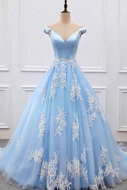 Sky Blue V-neck A-Line Lace Appliques Tulle Prom Dresses,Formal Women Dress  M1243