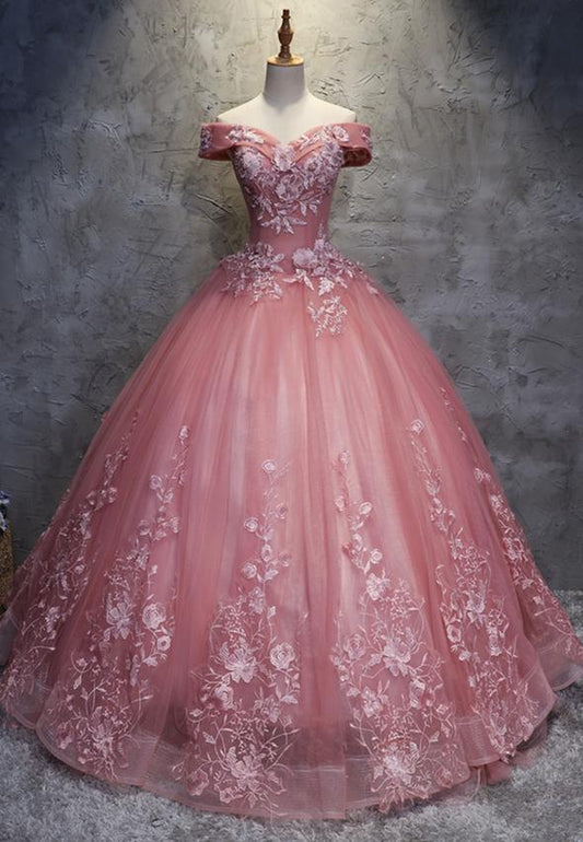 Pink tulle appliqué long ball gown dress formal dress  M619