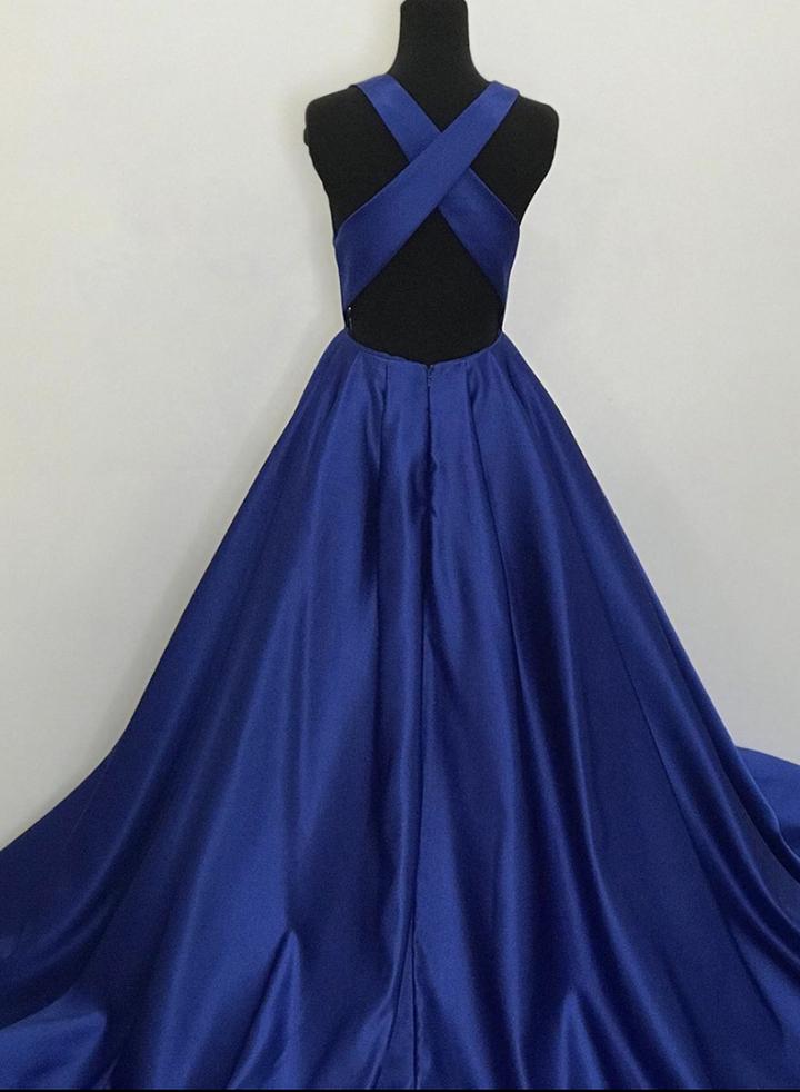 Blue v neck satin long prom dress blue evening dress M2262