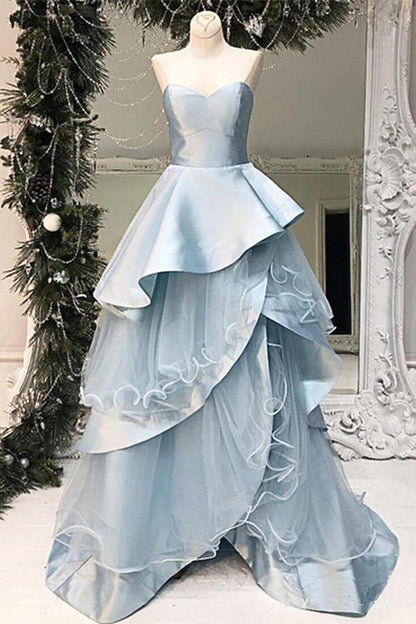Baby Blue Layered Long A Line Evening Dress, Sweetheart Senior Prom Dress  M1624