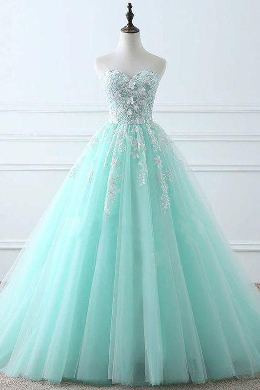 Tiffany Blue Sweetheart Puffy Tulle Prom Dress with Lace Appliques, Long Graduation Dress M1913