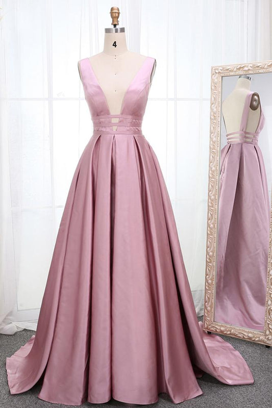 Simple V Neck Sleeveless Long Prom Dress, A Line Ruched Long Evening Dresses M1826