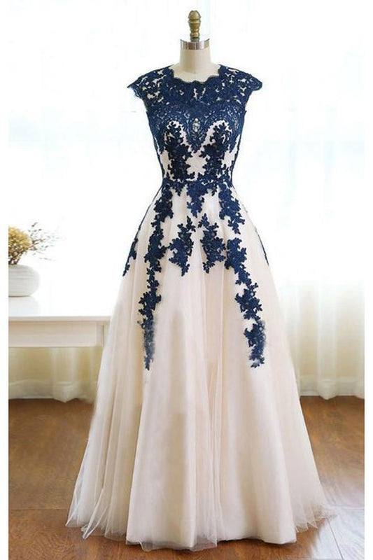 Dark Blue Appliques Ivory Tulle Prom Dress, Floor Length Elegant Evening Dresses M1447