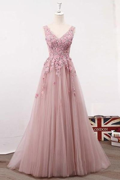 Blush Pink Elegant V Neck Tulle Prom Dresses, A Line Appliques Evening dresses with Flowers  M1621