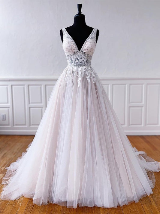 V Neck Champagne Lace Wedding Dresses, V Neck Champagne Lace Formal Prom Dresses M2563