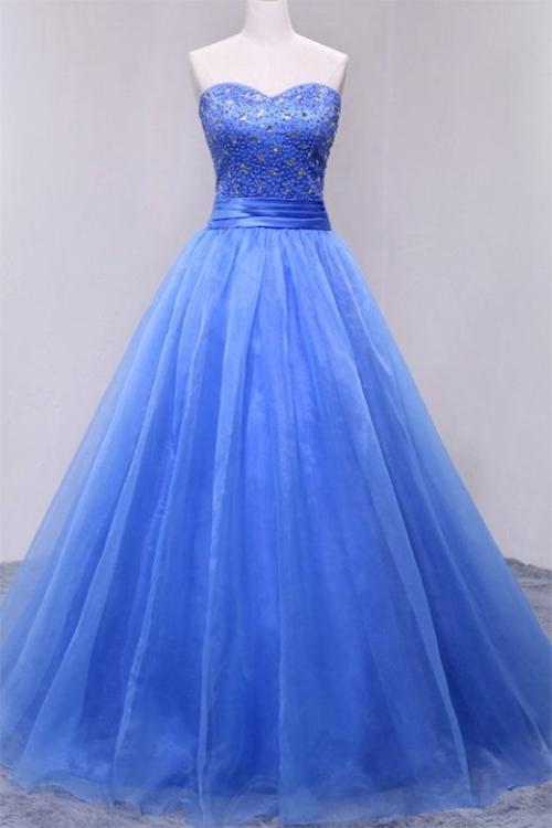 Puffy Sweetheart Organza Floor Length Prom Dress with Beading, Strapless Evening Dress M1498