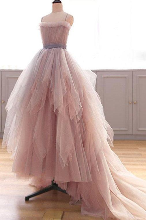 Vintage A Line Spaghetti Straps Blush Prom Dresses, Puffy Ruffles Party Dresses M1891