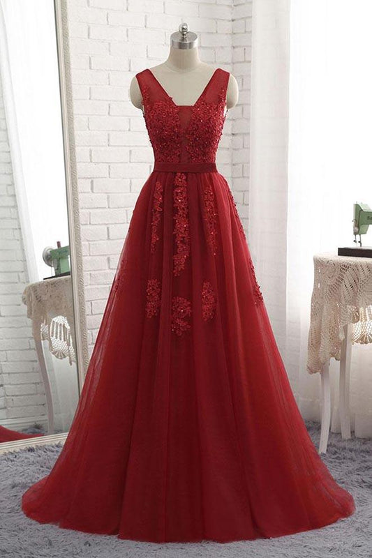 Cheap Floor Length Burgundy V Neck Evening Dress, Appliqued Long Tulle Prom Dress M1466