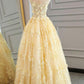 New Style Yellow Sheer Neck Tulle Lace Appliqued Floor-length Prom Dresses M1170