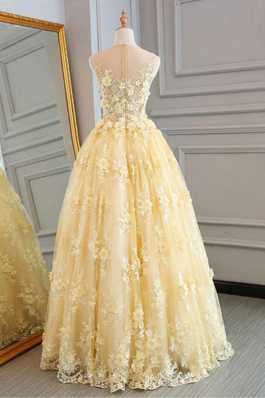 New Style Yellow Sheer Neck Tulle Lace Appliqued Floor-length Prom Dresses M1170