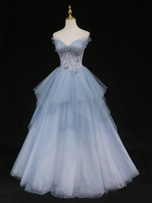 Sweetheart Neck Blue Ombre Tulle Long Prom Dresses, Blue Ombre Long Tulle Formal Evening Dresses M2576