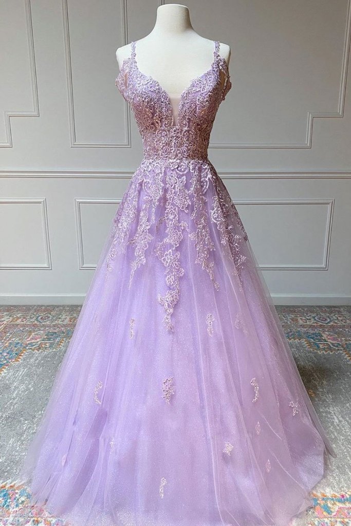 V Neck Off Shoulder Long Lilac Lace Prom Dress, Off Shoulder Purple Lace Formal Graduation Evening Dress M2912