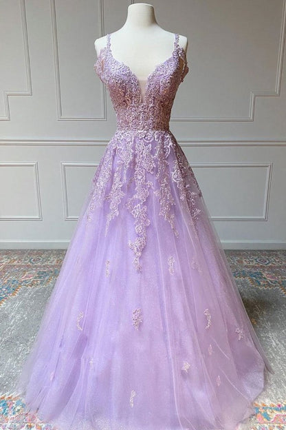 V Neck Off Shoulder Long Lilac Lace Prom Dress, Off Shoulder Purple Lace Formal Graduation Evening Dress M2912