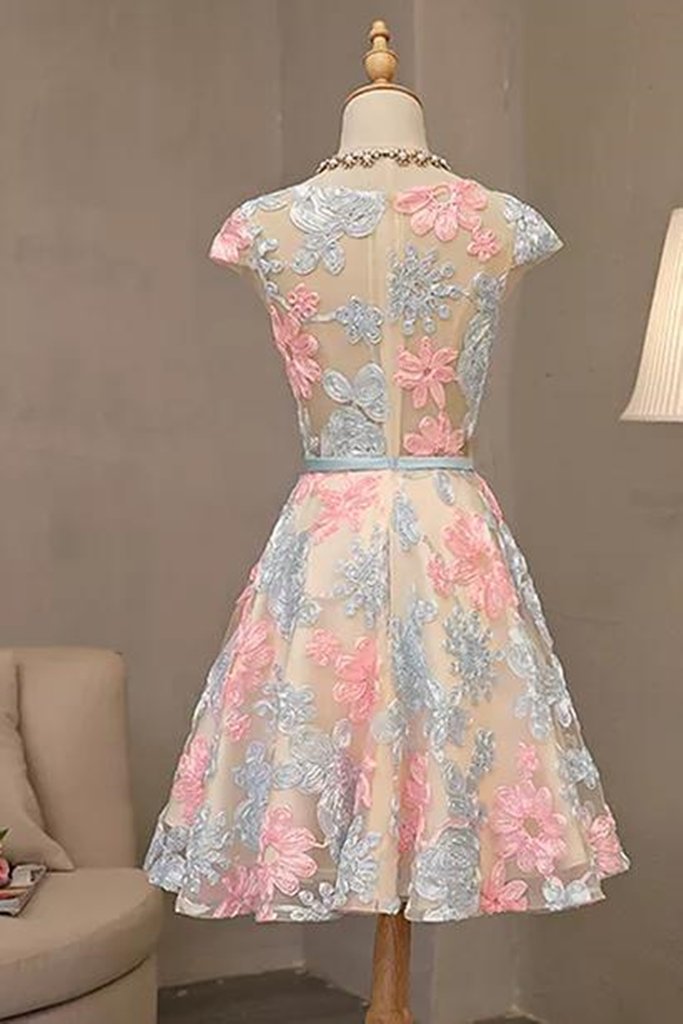 Round Neck Colorful Short Cap Sleeves Lace Prom Dresses, Short Colorful Lace Graduation Homecoming Dresses M2490