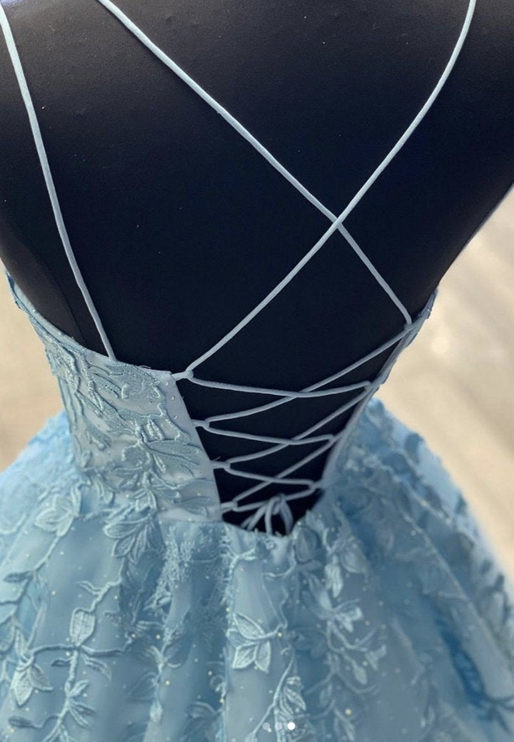 Blue tulle lace long pro dress blue evening dress M594