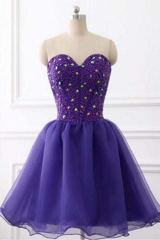 Sweetheart Neck Beaded Dark Purple Short Prom Dress, Strapless Dark Purple Homecoming Dress, Dark Purple Beaded Formal Evening Dress M2656