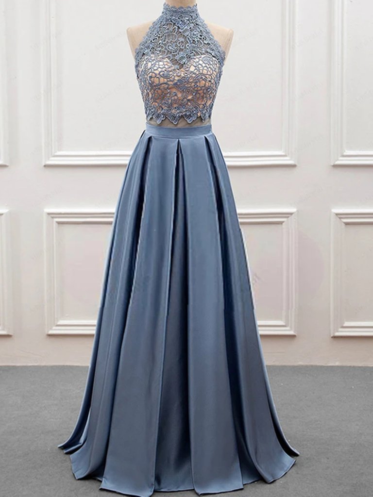 2 Pieces High Neck Blue Lace Prom Dresses, Open Back Two Pieces Blue Lace Formal Evening Dresses M2571