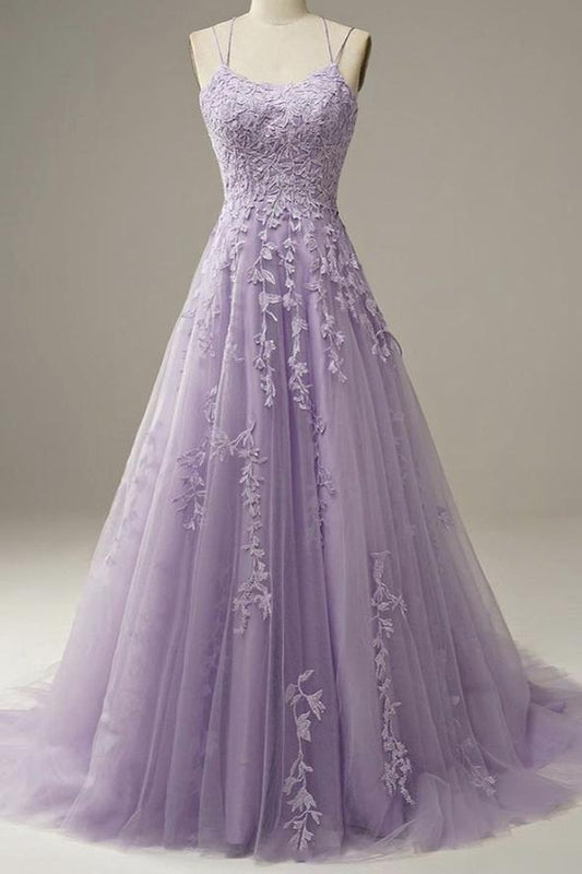 Purple lace long A line prom dress evening dress M2169