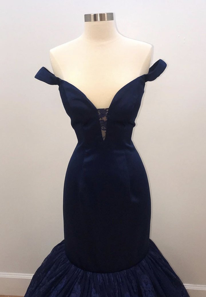 Blue lace long prom dress mermaid evening dress M856