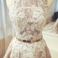 A-line Round Neck Sleeveless Ruched Lace Long Prom Dress with Belt,Wedding Dress M1194