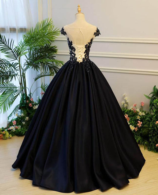 Generous Princess Cap Sleeves Scoop Black Applique Satin Long Prom/Evening Dress M1206