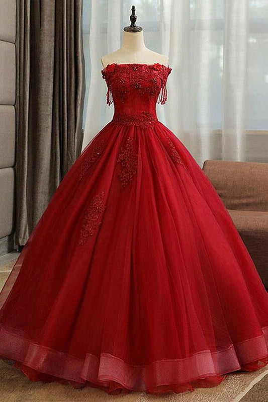 Gorgeous Strapless Burgundy Lace Beaded Long Prom Dress, Lace Burgundy Formal Evening Dress, Burgundy Lace Ball Gown M3060