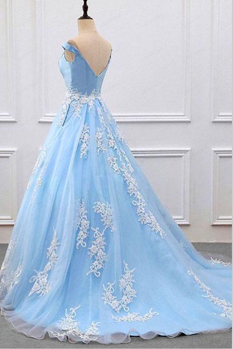 Sky Blue V-neck A-Line Lace Appliques Tulle Prom Dresses,Formal Women Dress  M1243