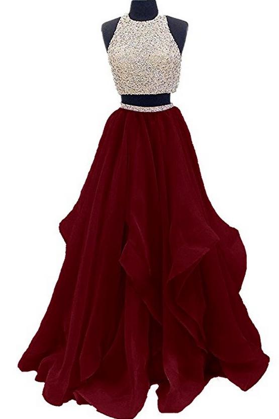 Burgundy Two Piece Floor Length Prom Dress Beaded Open Back Sequin Party Dress M1632