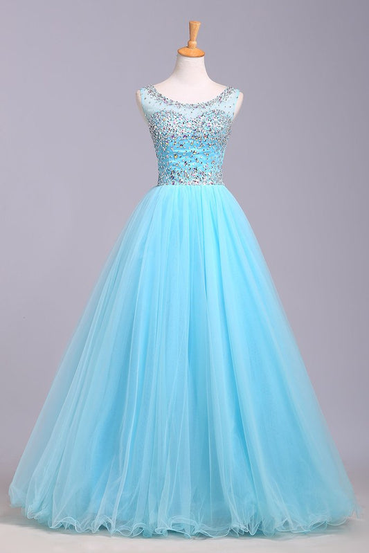 Blue Scoop Sleeveless Tulle Prom Dress with Sequins, Floor Length Puffy Evening Dress M1505