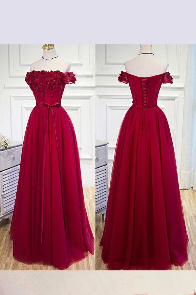 Burgundy Off the Shoulder Floor Length Prom Dress with Hand Made Flowers Belt M1095