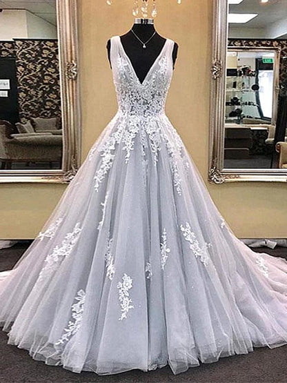 V Neck Light Gray Lace Prom Dresses, Silver Grey Lace Formal Evening Dresses M2573