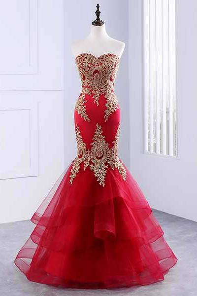 Floor Length Sweetheart Mermaid Red Prom Dress, Gold Appliqued Long Evening Dress M1525