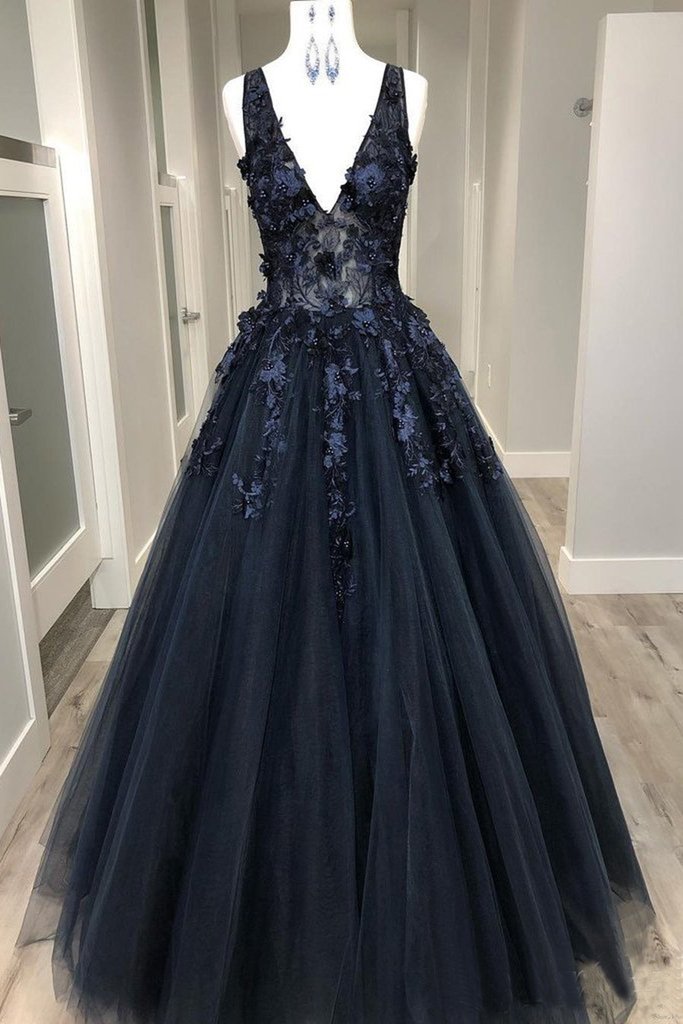 V Neck Beaded Black Lace Appliques Long Prom Dress, Black Lace Formal Graduation Evening Dress M2940