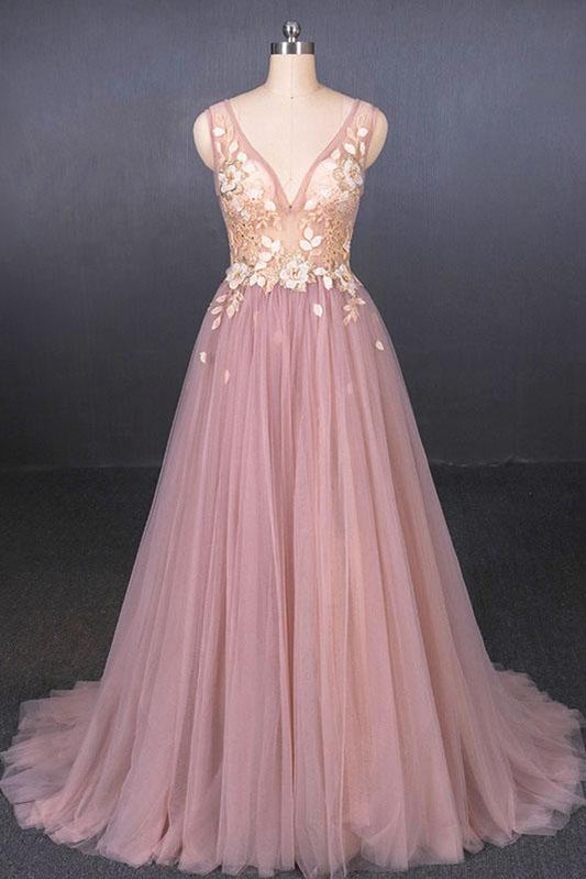 Pink V Neck Sleeveless Tulle Prom Dress with Appliques, A Line Tulle Evening Dress M1854