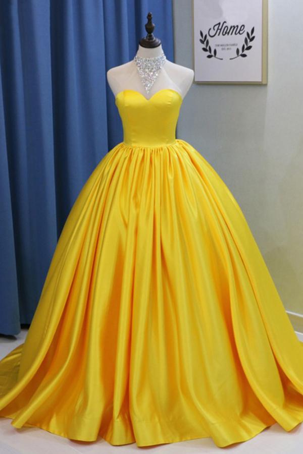 Yellow Ball Gown High Neck Prom Dress with Beading, Long Halter Quinceanera Dress M1553