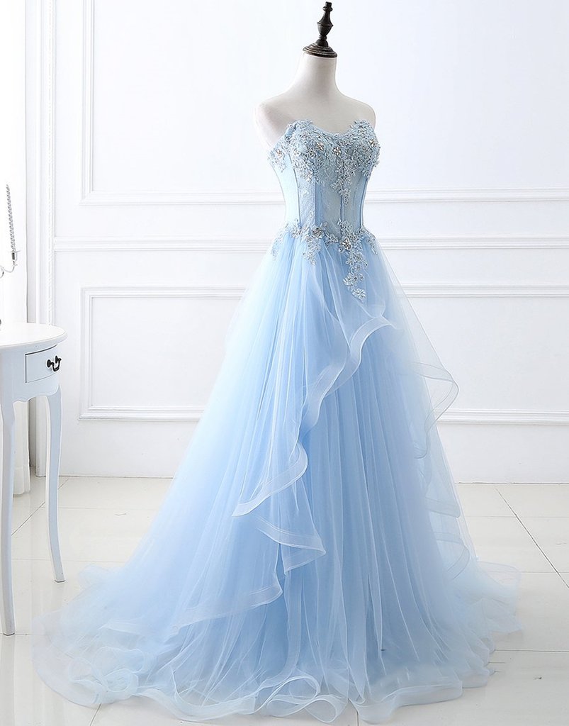 Shiny Blue Backless Prom Dresses with Thin Straps, Open Back Light Blue Formal Evening Dresses M2544