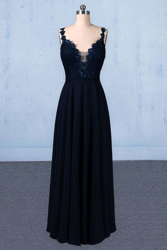 Dark Navy Blue Straps Floor Length Evening Dresses, Long Chiffon Prom Dress with Lace M1832