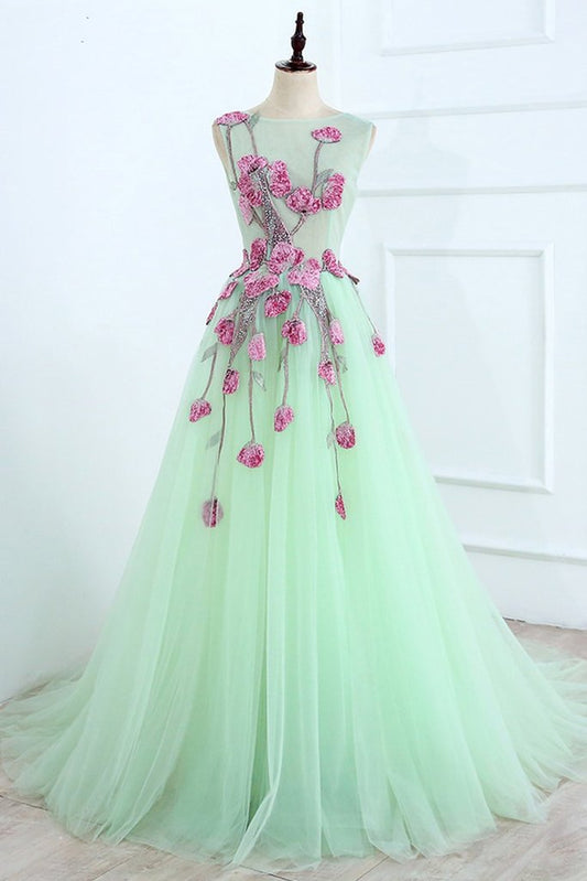 A Line Mint Green Sleeveless Tulle Formal Dress with Appliques, Long Tulle Prom Dress M1622