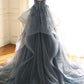 Dark Gray Tulle Prom Dress with Lace Appliques, Spaghetti Straps Sweep Train Party Dress M1057